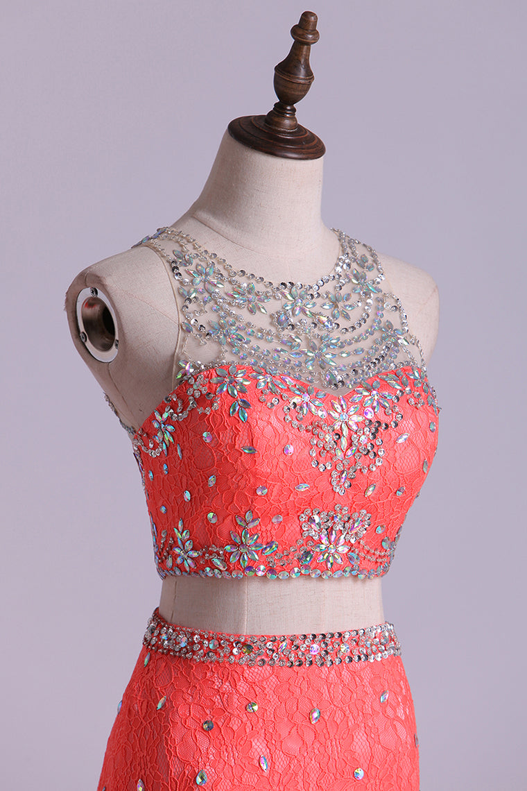 2022 Mermaid/Trumpet Prom Dresses Two Pieces Scoop Lace With Beading