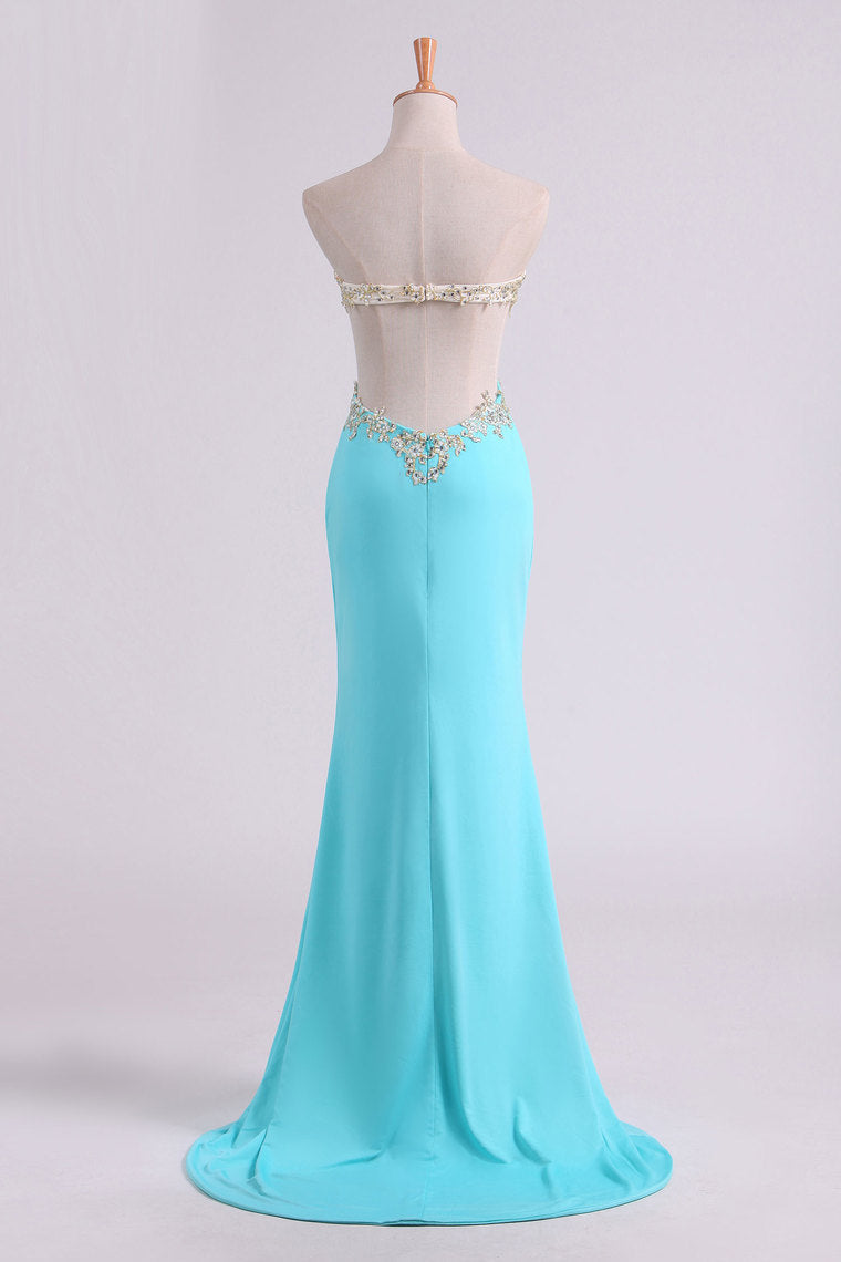 2022 Sexy Prom Dresses Sheath With Slit And Applique Sweep Train Spandex