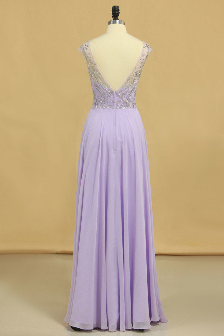 2022 Prom Dresses A-Line Scoop Floor-Length Chiffon Beaded Bodice