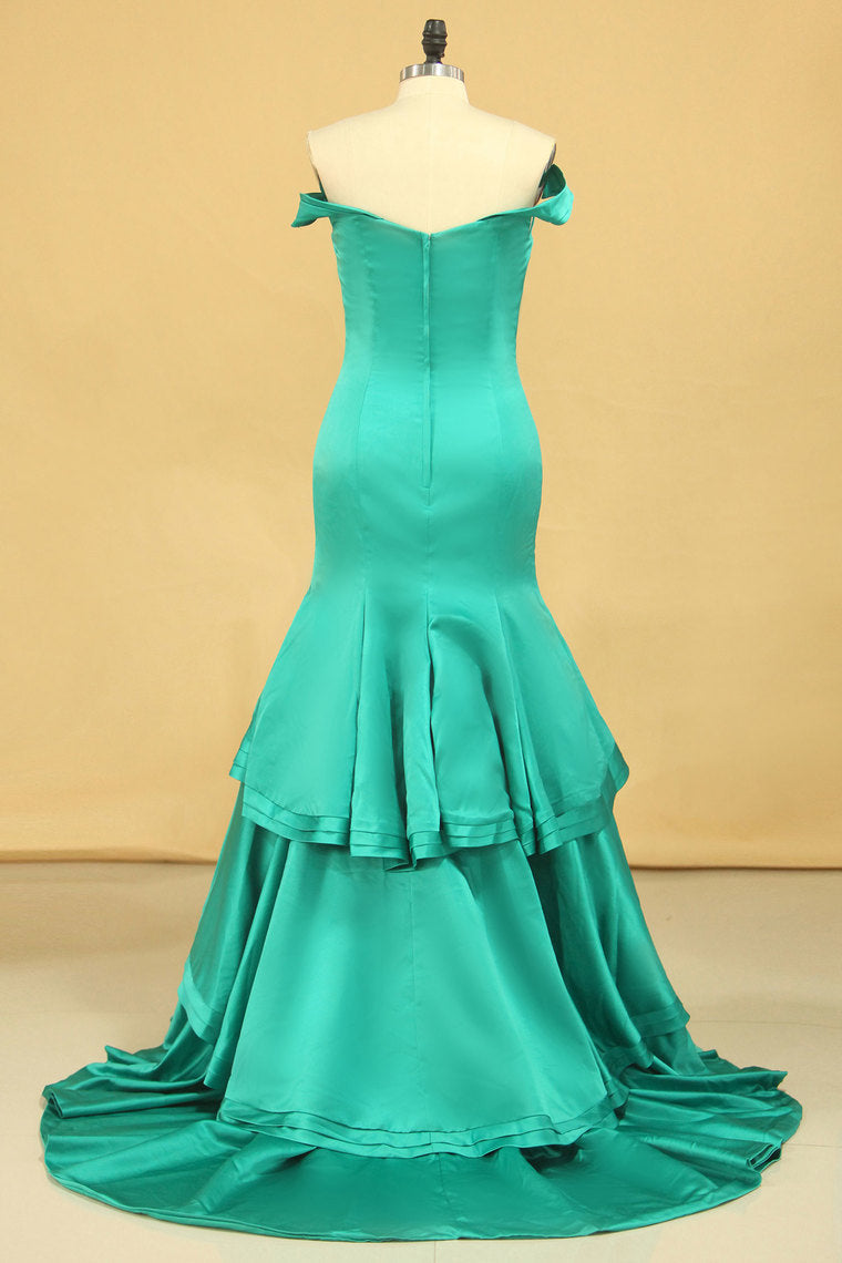 2022 Off The Shoulder Mermaid Prom Dresses  Sweep Train Satin Zipper Back