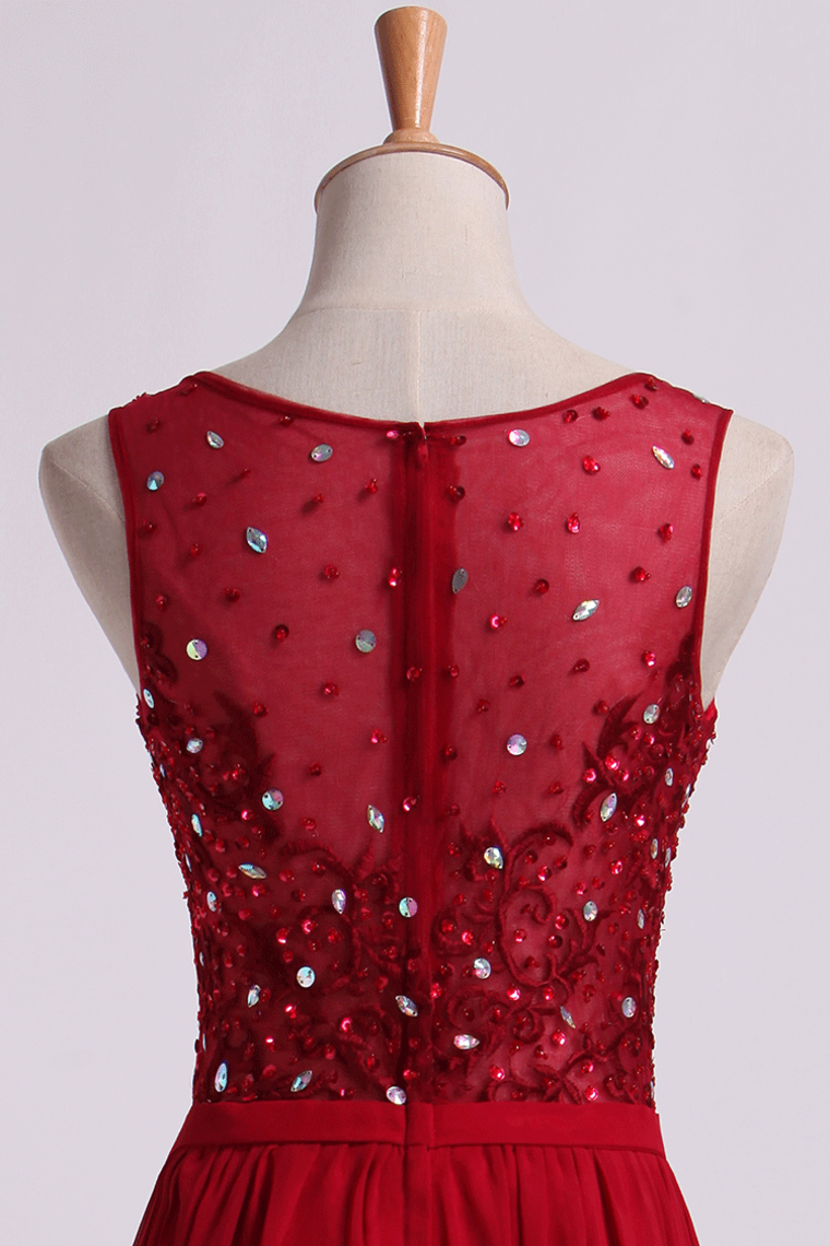 2022 Bateau Prom Dresses A Line Floor Length With Embroidery&Beads Chiffon&Tulle
