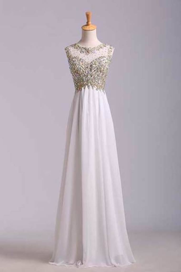 2022 Scoop Neckline Off The Shoulder Prom Dresses White Floor Length Chiffon With Gold Embroidery