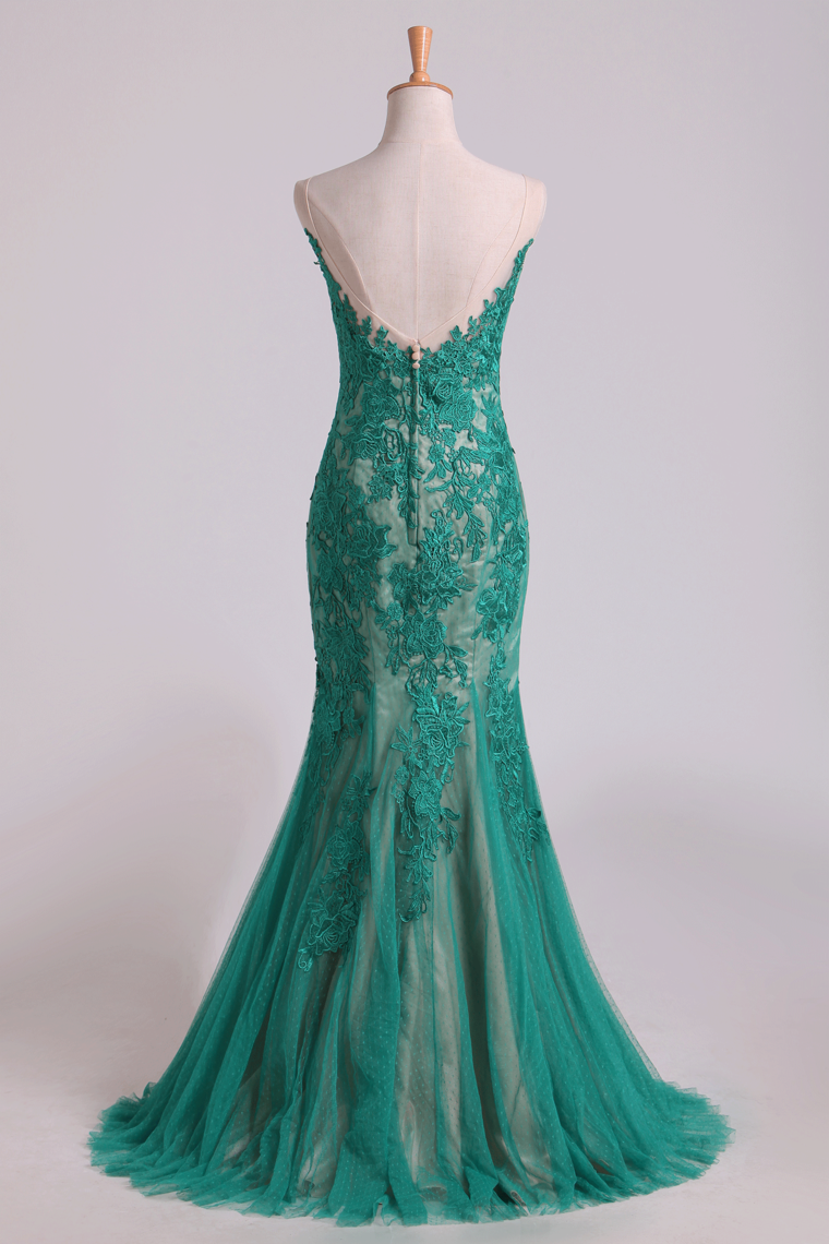 2022 Mermaid Scoop Floor Length Evening Dresses Tulle With Applique