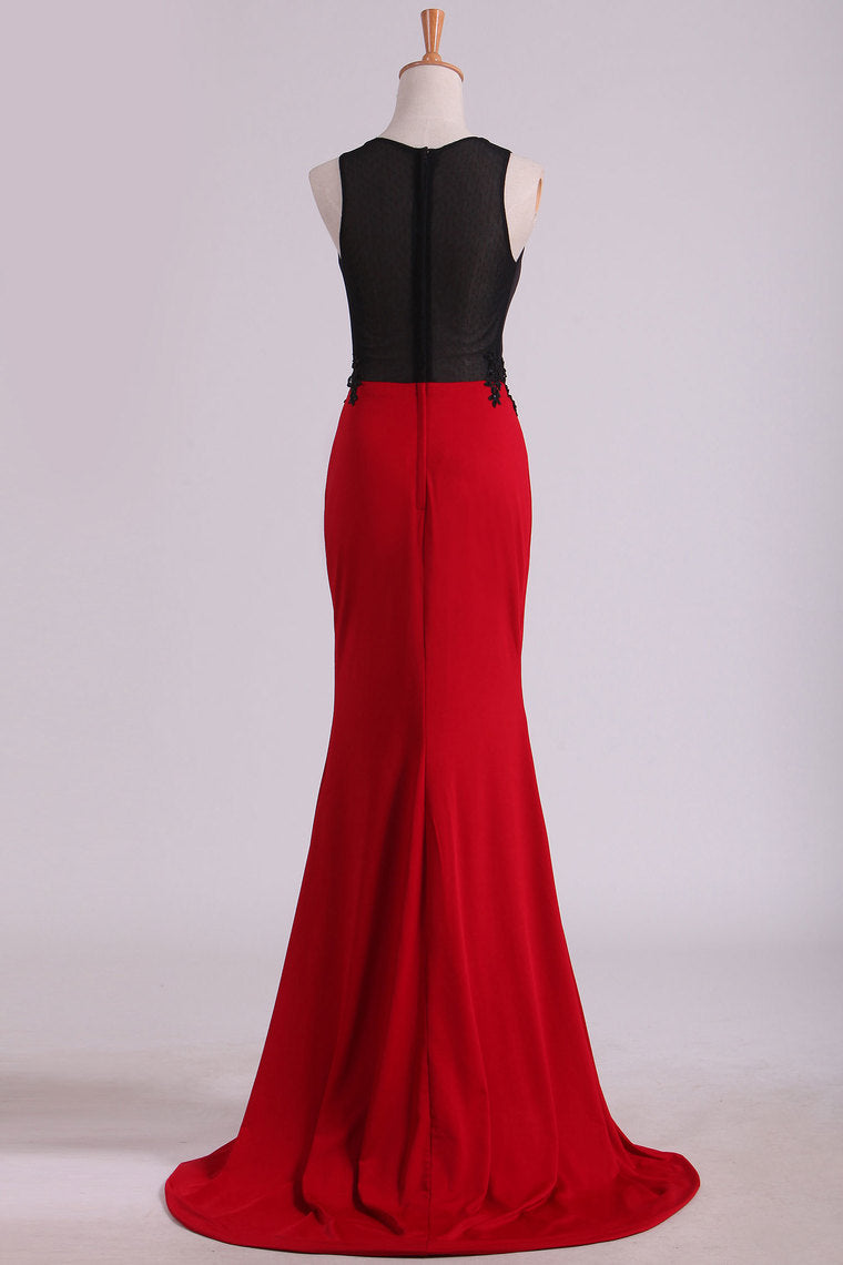 2022 Column Scoop Spandex With Applique Prom Dresses Sweep Train
