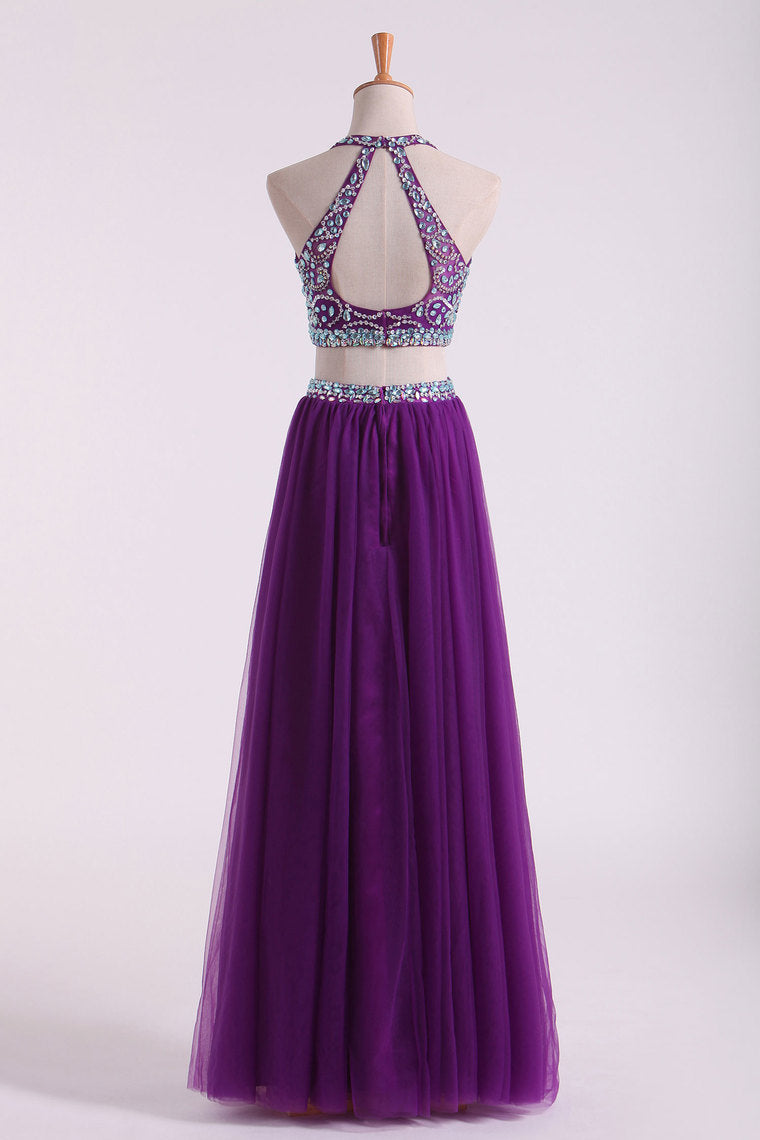 2022 Halter Two Pieces A Line Prom Dresses Beaded Bodice Tulle Floor Length