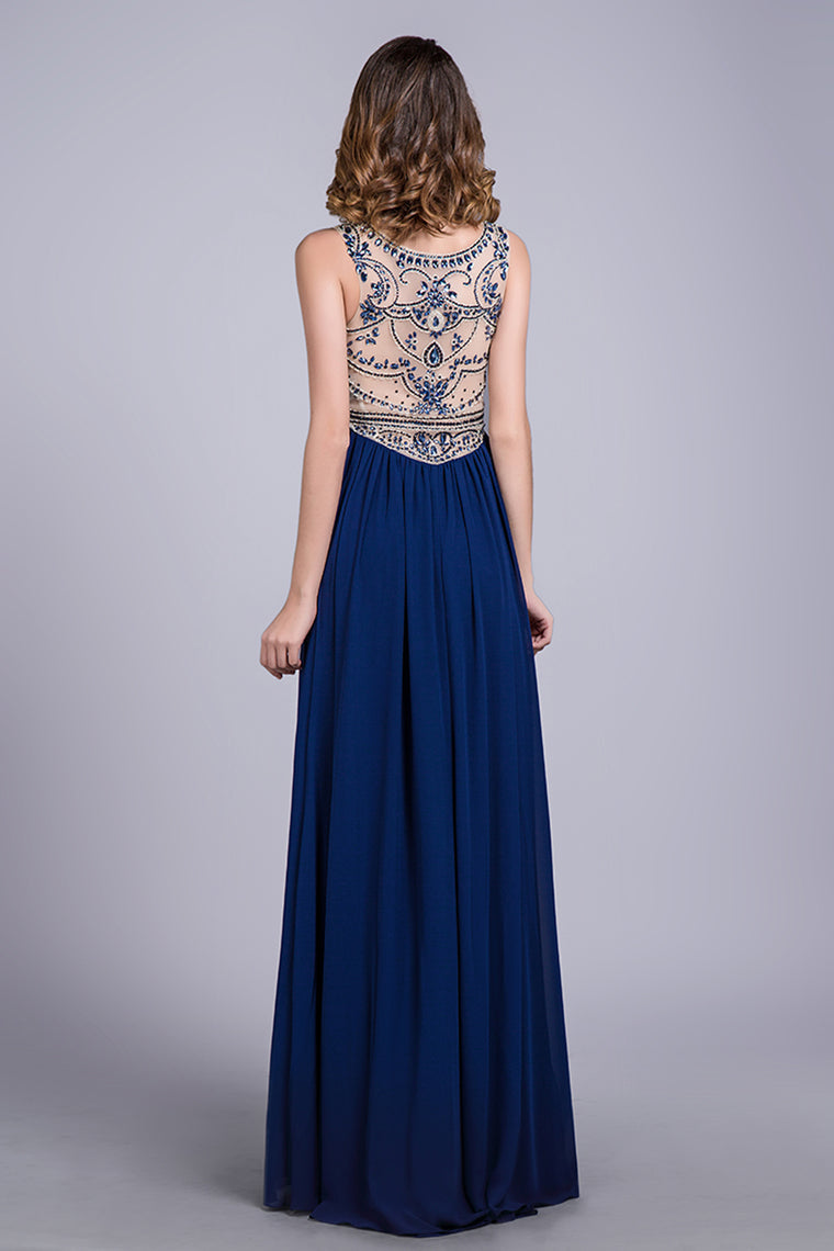 2022 Prom Dresses Scoop A Line Full Length Beaded Tulle Bodice With Chiffon Skirt Ready To Ship