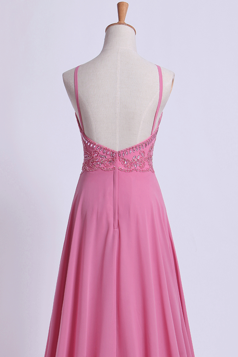 2022 Prom Dresses Spaghetti Straps Beaded Bodice A-Line Chiffon