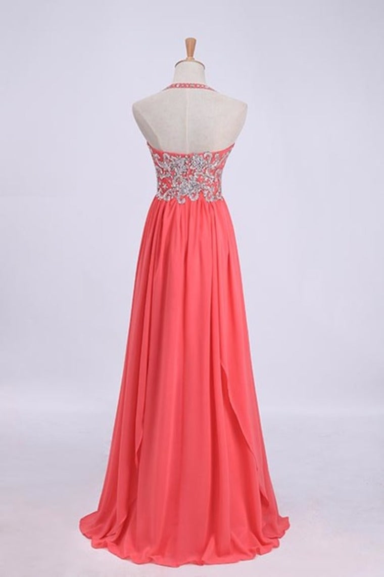 2022 Prom Dresses Empire Waist Halter Floor Length Chiffon