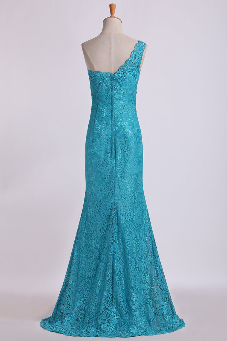 2022 One-Shoulder Sheath Prom Dresses Beaded Lace Floor-Length Zipper Back