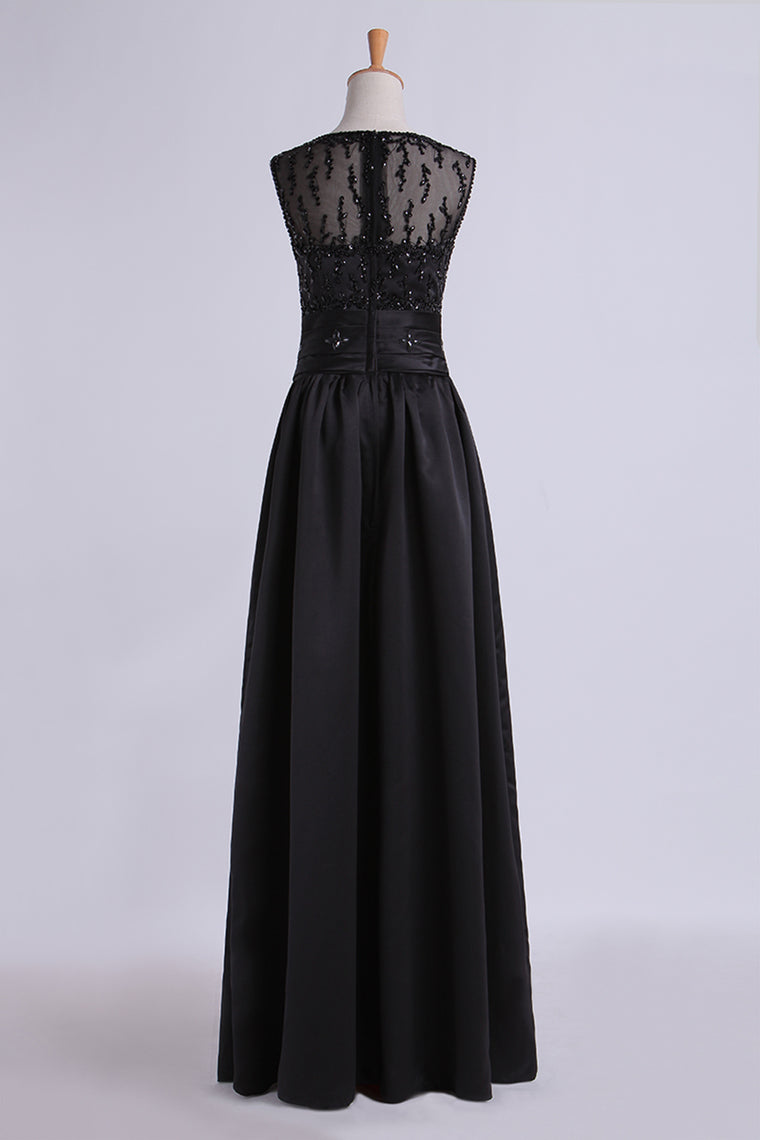 2022 Prom Dresses Bateau A Line With Beaded Tulle Bodice Pick Up Long Satin Skirt
