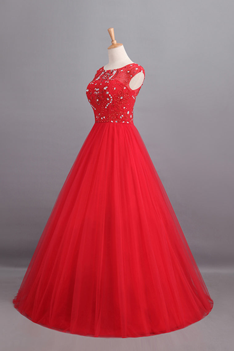 2022 Prom Dresses A Line Scoop Long Tulle V Back Red