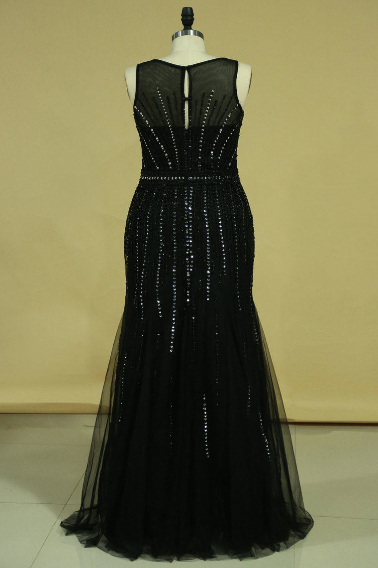 2022 Plus Size Scoop A Line Tulle Prom Dresses With Beading