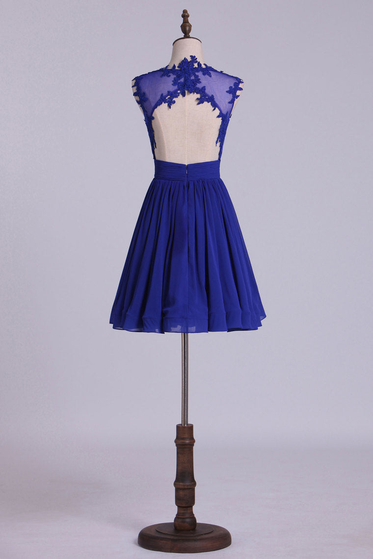 2022 Hot Selling Homecoming Dresses Scoop A-Line Short/Mini Chiffon Dark Royal Blue