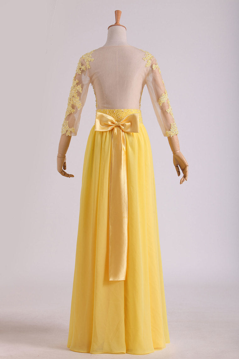 2022 Mid-Length Sleeve A-Line Scoop Prom Dresses Floor-Length With Applique & Bow-Knot Chiffon