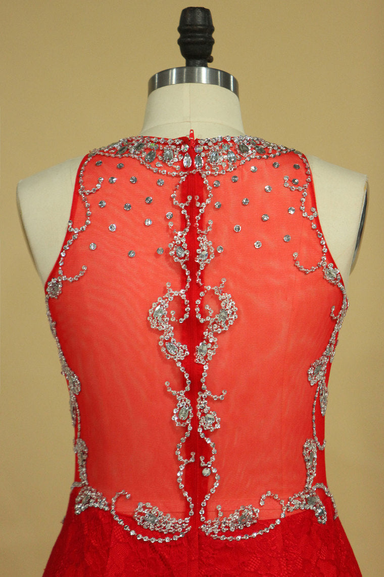 2022 Red Plus Size Prom Dresses Scoop Beaded Bodice Sweep Train Lace Mermaid