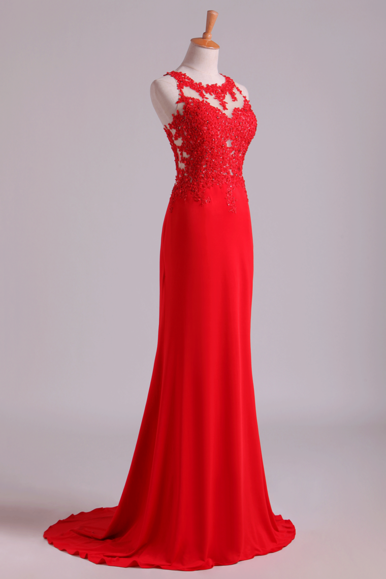 2022 Popular Scoop Column Prom Dresses With Beading And Applique