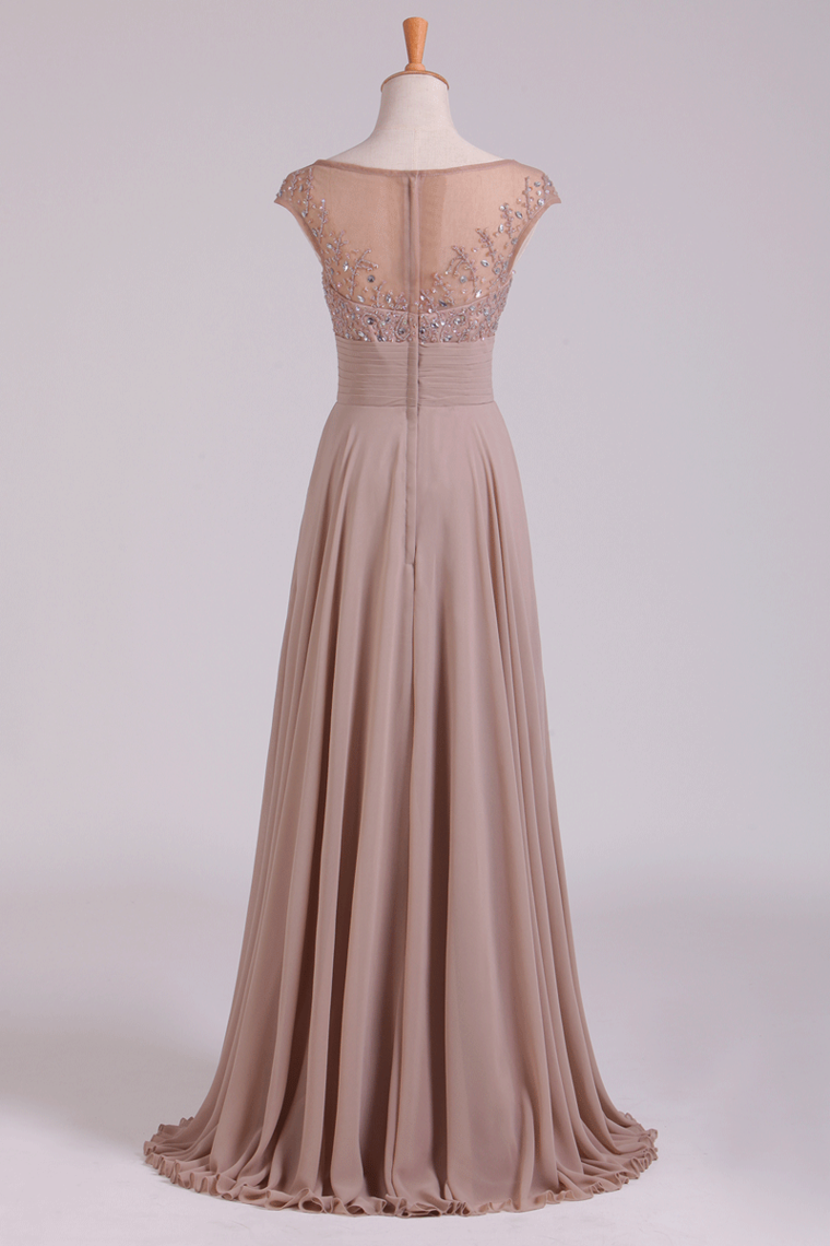 2022 Bateau A-Line Prom Dresses Chiffon Floor-Length With Beads And Applique