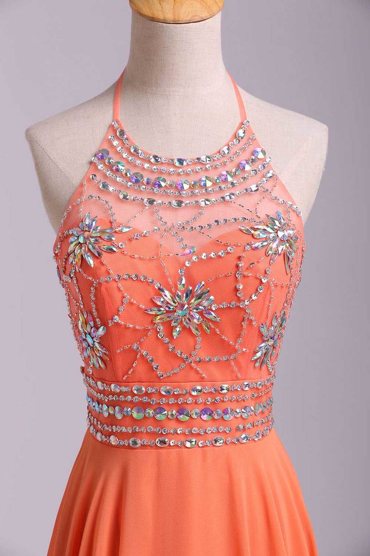 2022 Halter Prom Dress Beaded Bodice A Line Chiffon Long Chic Dresses