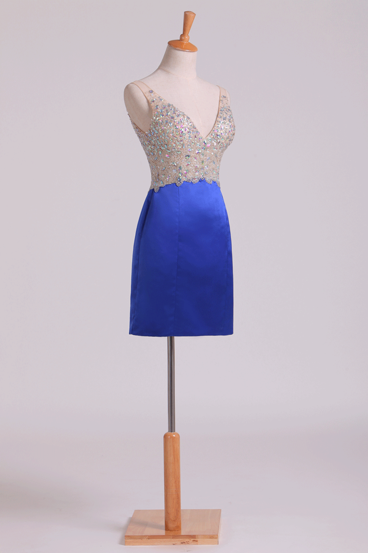 2022 Beaded Bodice V Neck Homecoming Dresses Sheath/Column Mini Satin&Tulle