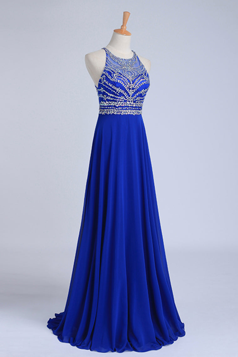 2022 Halter A-Line/Princess Dark Royal Blue Prom Dresses Tulle And Chiffon Sweep Train