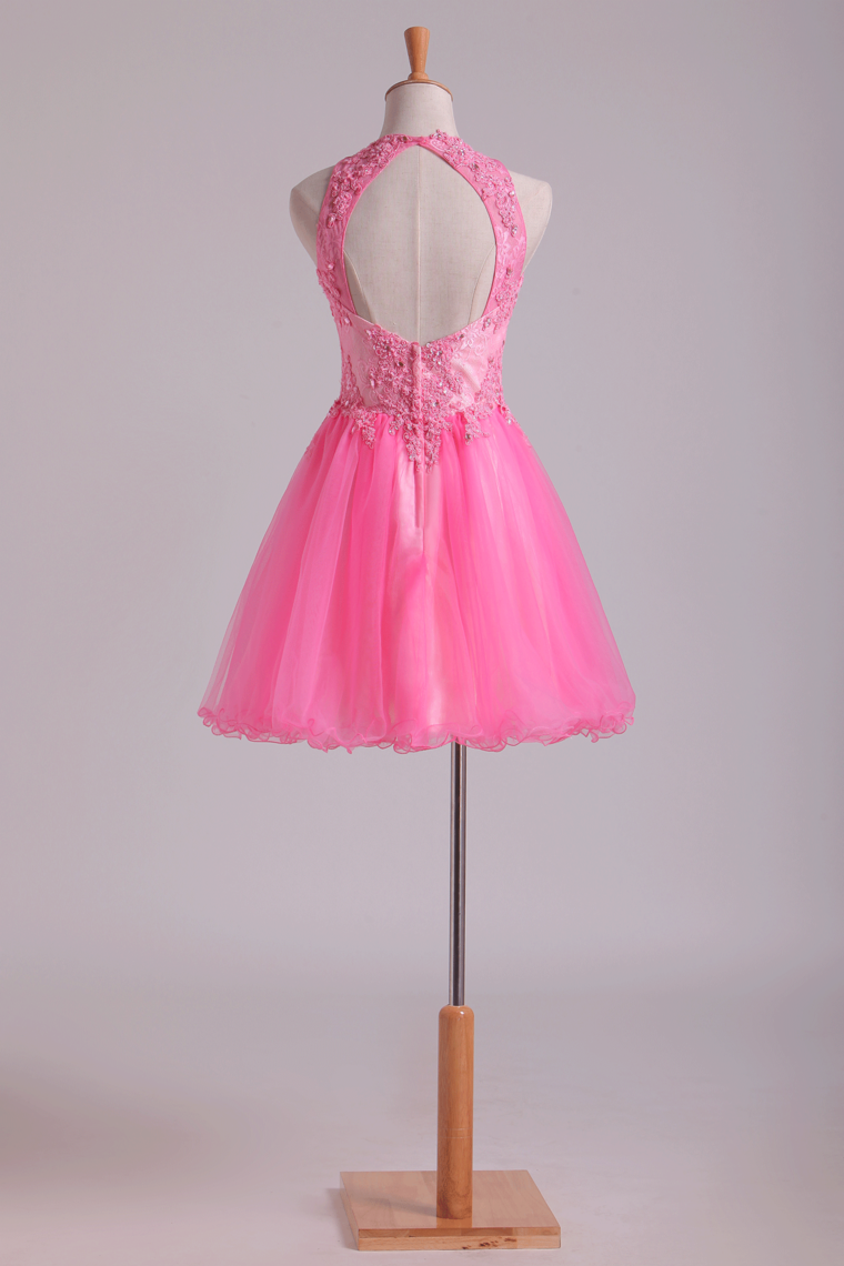 2022 Lovely Homecoming Dresses Scoop A Line Short Tulle With Applique