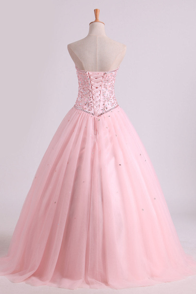 2022 Sweetheart Ball Gown Quinceanera Dresses Tulle With Beads And Rhinestones