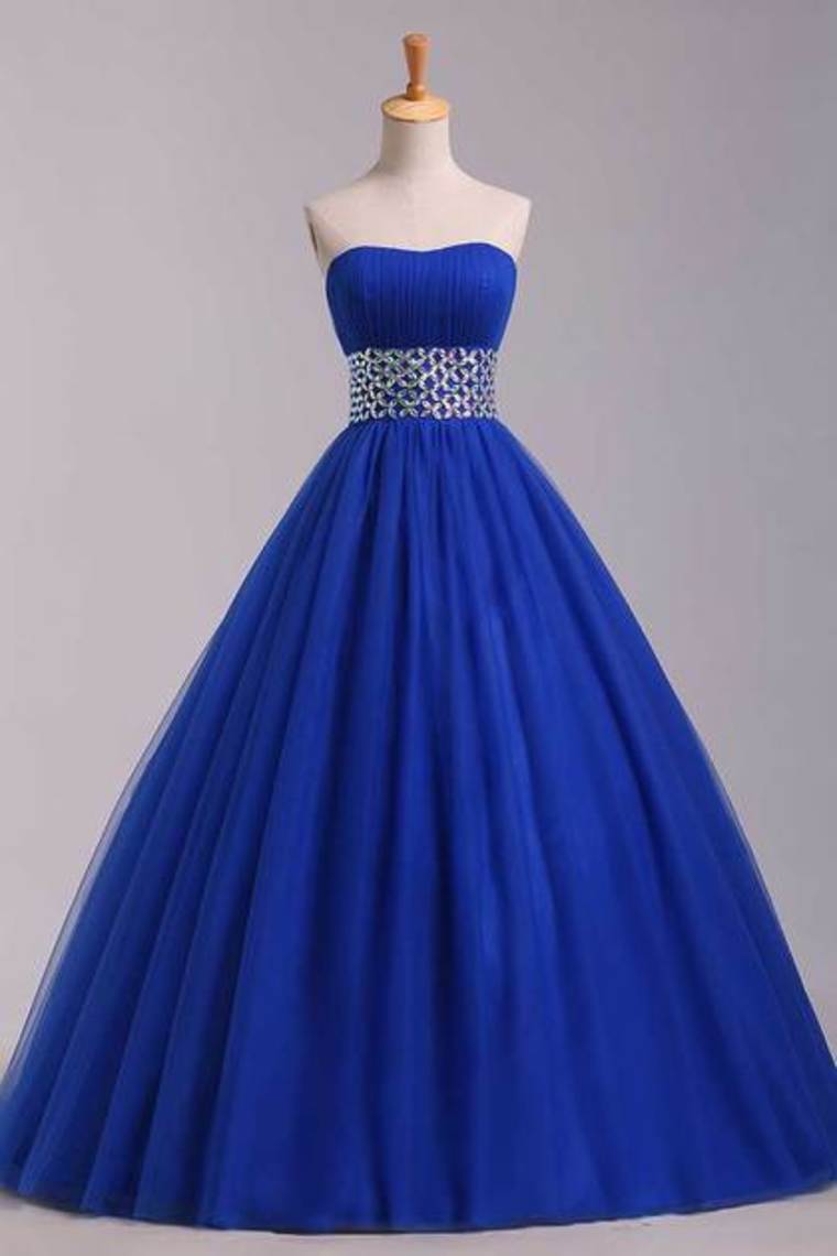2022 Prom Dress Strapless Dark Royal Blue A Line/Princess Pick Up Tulle Skirt Beaded Waistline