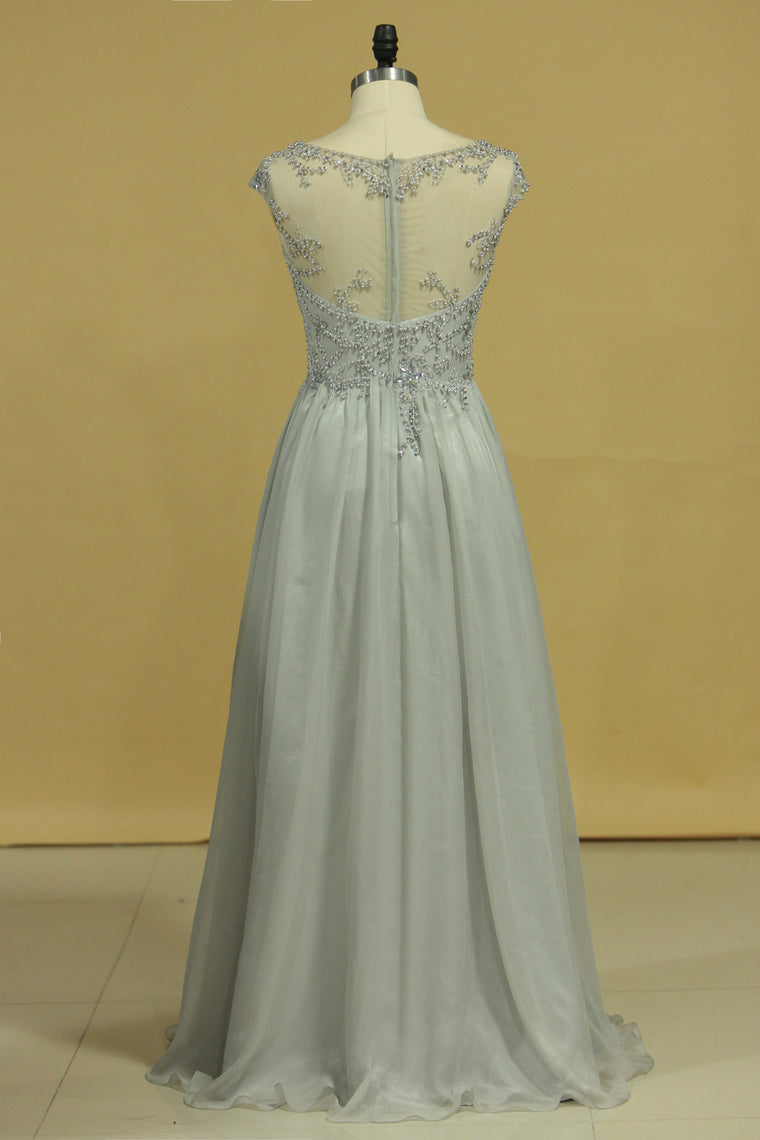 2022 Plus Size Bateau Beaded Bodice A-Line Prom Dresses With Long Chiffon Skirt