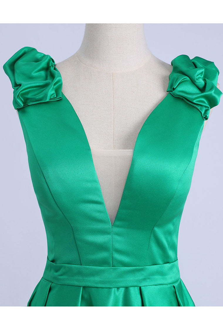 2022 V Neck Prom Dresses A Line Knee-Length Satin With Sash