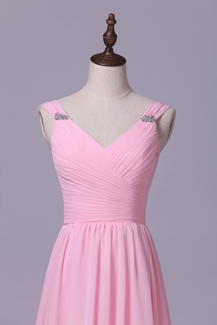 2022 Straps Bridesmaid Dresses A Line Chiffon With Ruffles Floor Length