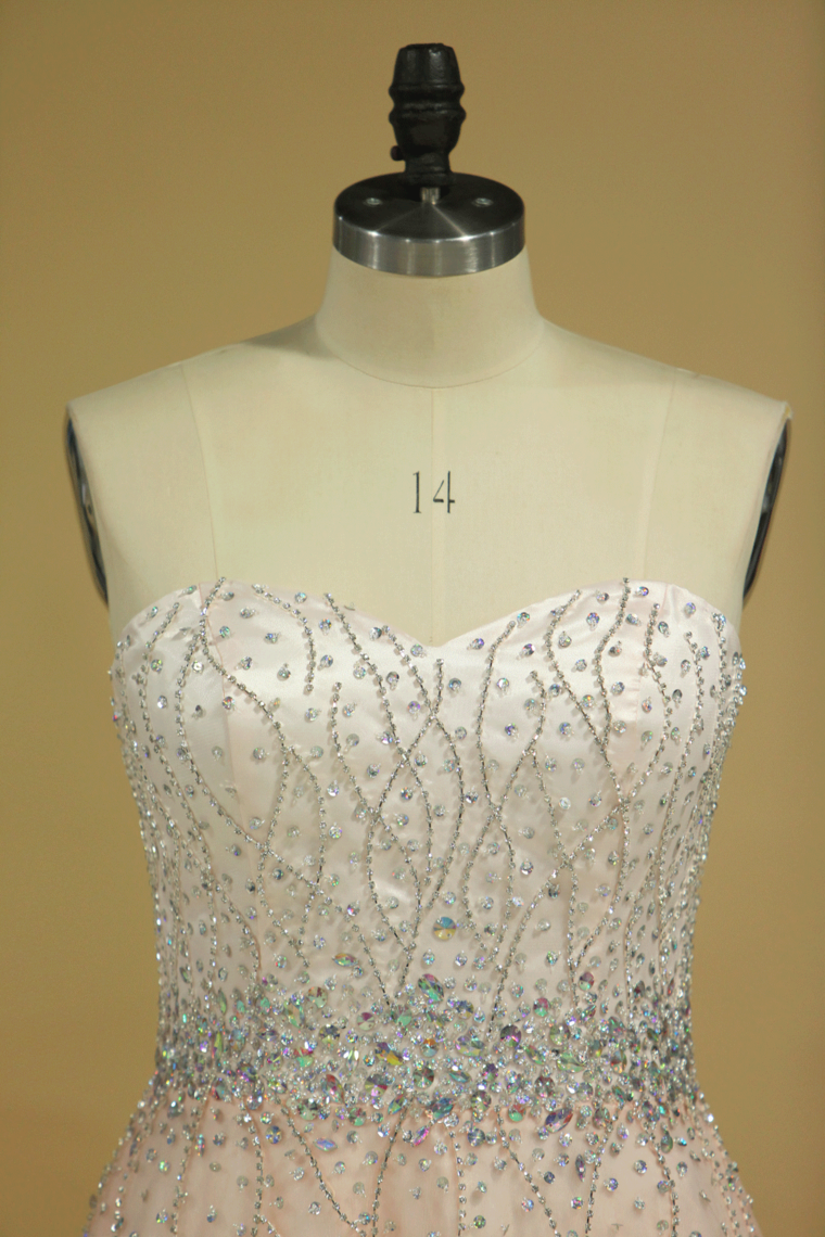 2022 Prom Dresses Sweetheart Tulle With Beading And Rhinestones Sweep Train