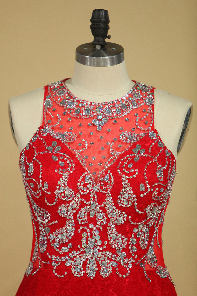 2022 Red Plus Size Prom Dresses Scoop Beaded Bodice Sweep Train Lace Mermaid