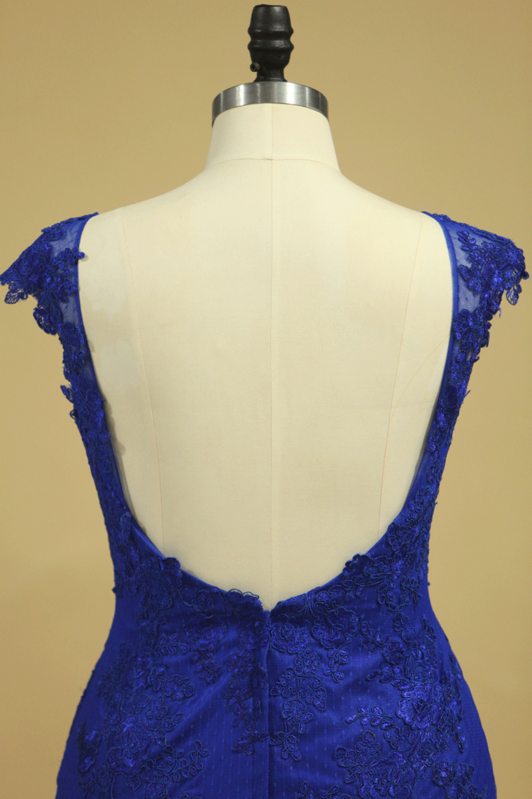 2022 Plus Size Mermaid Open Back Evening Dresses Bateau Tulle With Applique Dark Royal Blue
