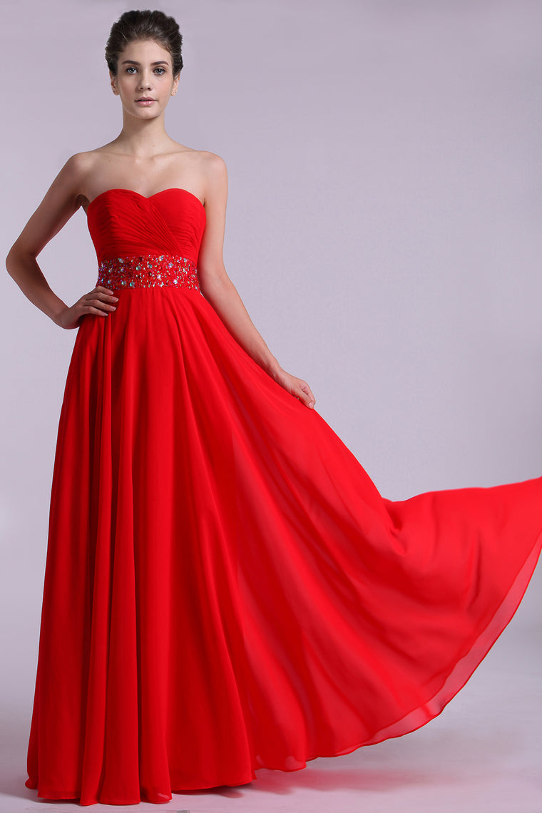2022 Sweetheart Prom Dresses A Line Chiffon Floor Length Beaded Waistband