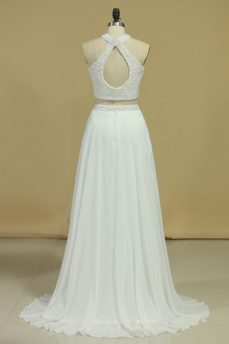 2022 Chiffon Prom Dresses A Line Halter Two-Piece Beaded Bodice Open Back