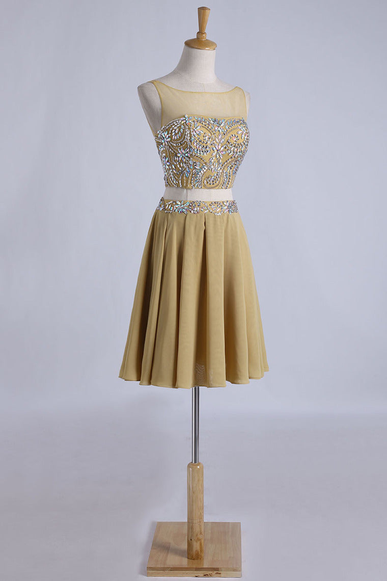 2022 Two Pieces Bateau Prom Dresses A Line With Beading Mini