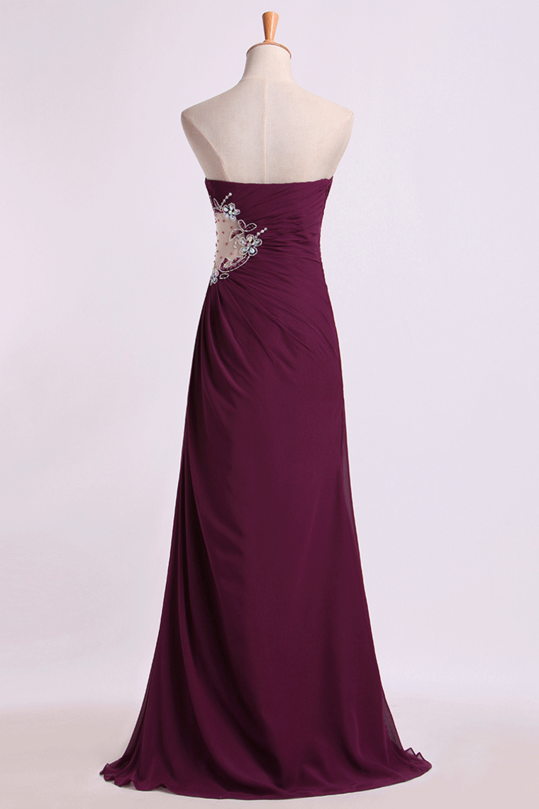 2022 Prom Dresses A Line Ruffled Bodice Beaded With Slit Floor Length