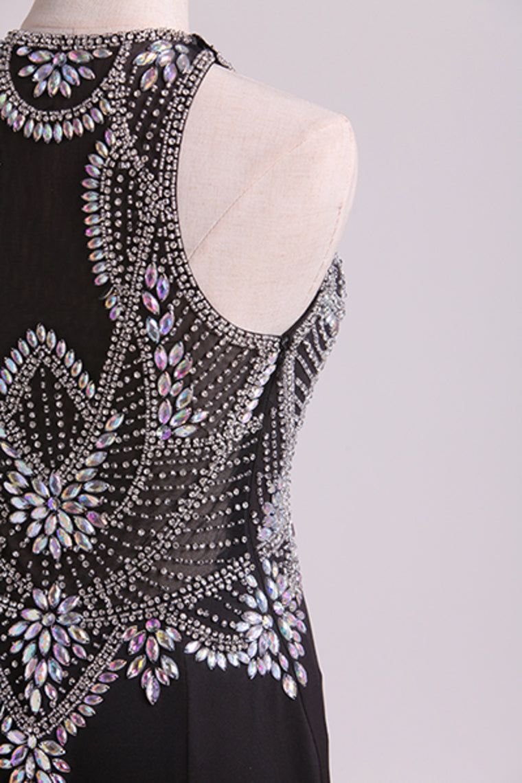 2022 Black Prom Dresses Scoop Beaded Bodice Floor Length Spandex Sheath