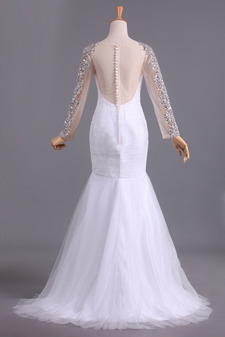 2022 Wedding Dresses Mermaid Scoop Long Sleeves Floor Length Tulle With Beading
