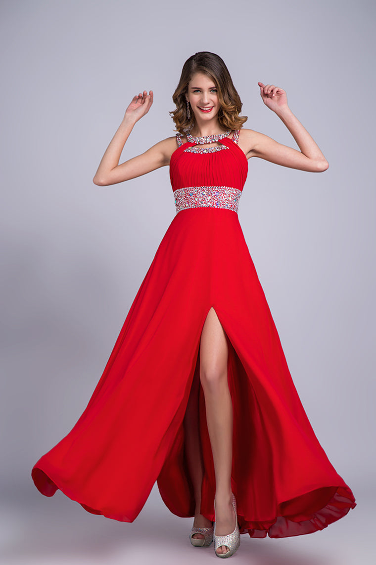 2022 Scoop Prom Dresses A Line Sweep/Brush Red Open Back