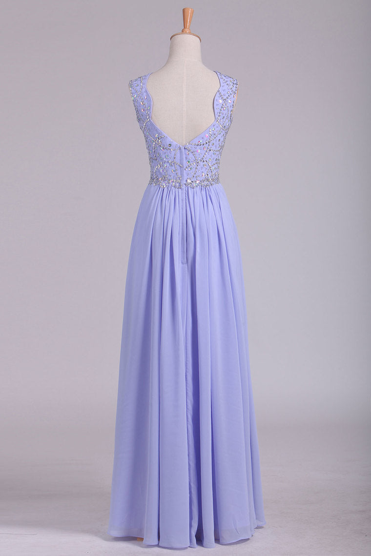 2022 Prom Dresses A Line Straps Beaded Bodice Open Back Chiffon