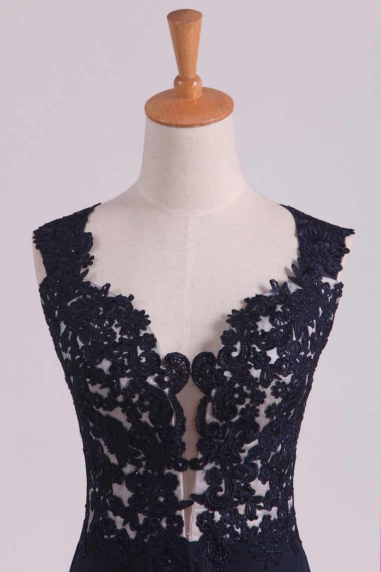 2022 Straps Prom Dresses With Applique And Beads Open Back A Line Chiffon