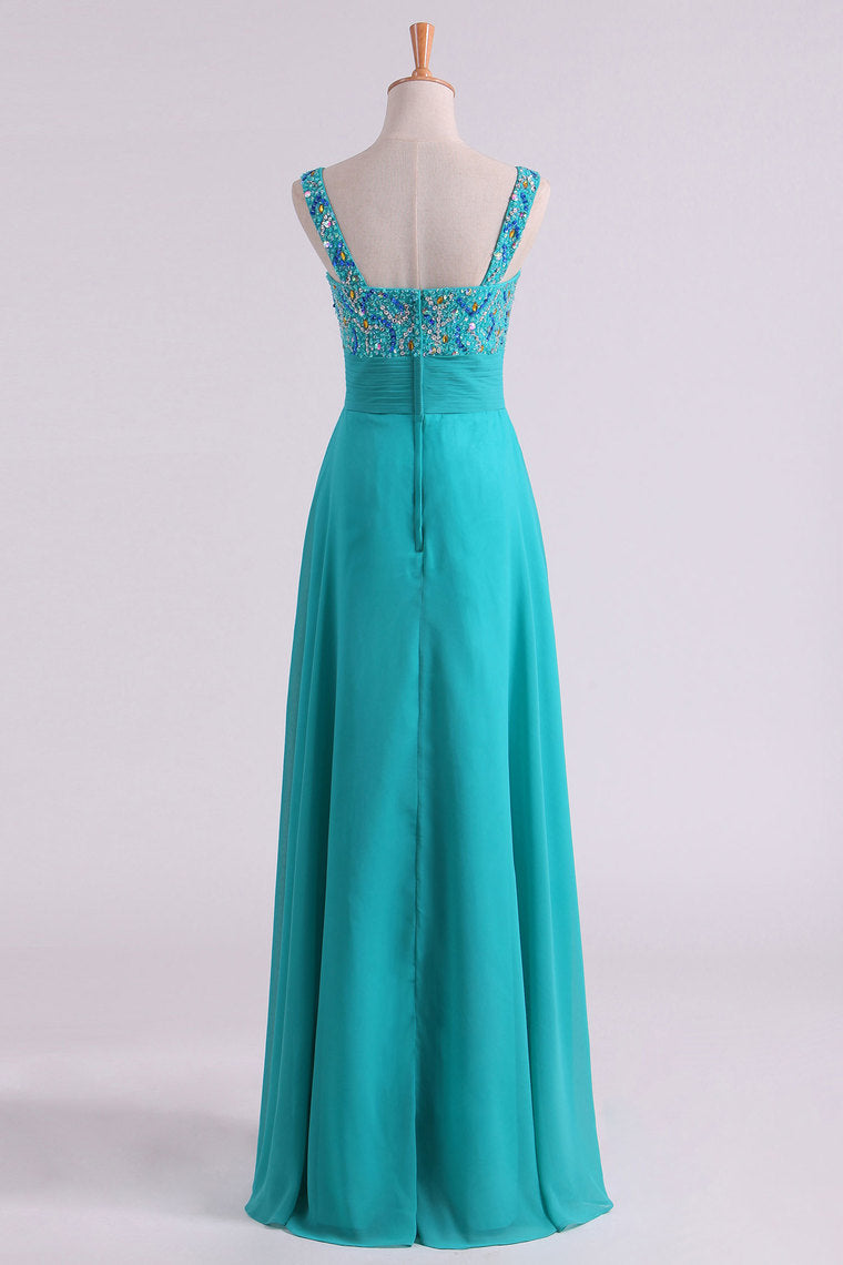 2022 Prom Dress Straps Beaded Bodice Pleated Waistband A Line Chiffon