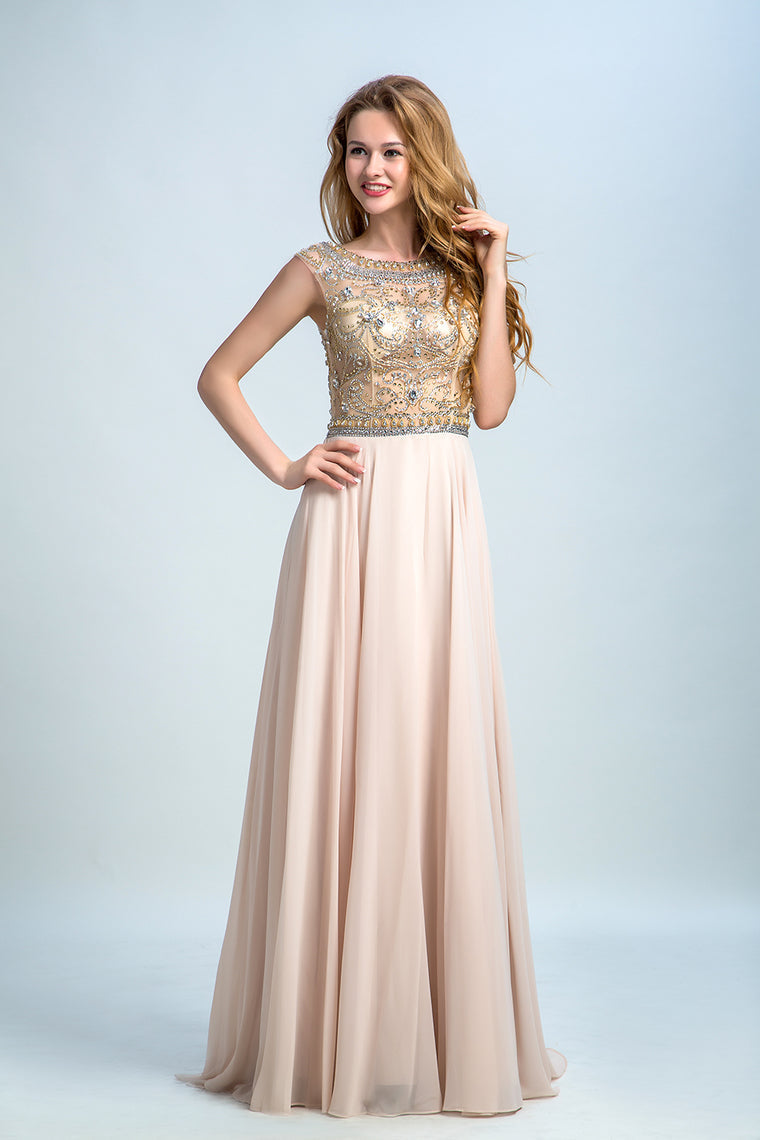 2022 Prom Dresses A-Line Scoop Beaded Bodice Floor-Length Chiffon Zipper Back