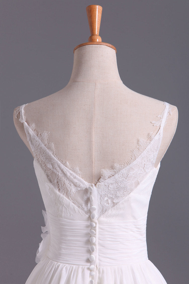 2022 Spaghetti Straps With Applique & Handmade Flowers Chiffon A Line Wedding Dresses
