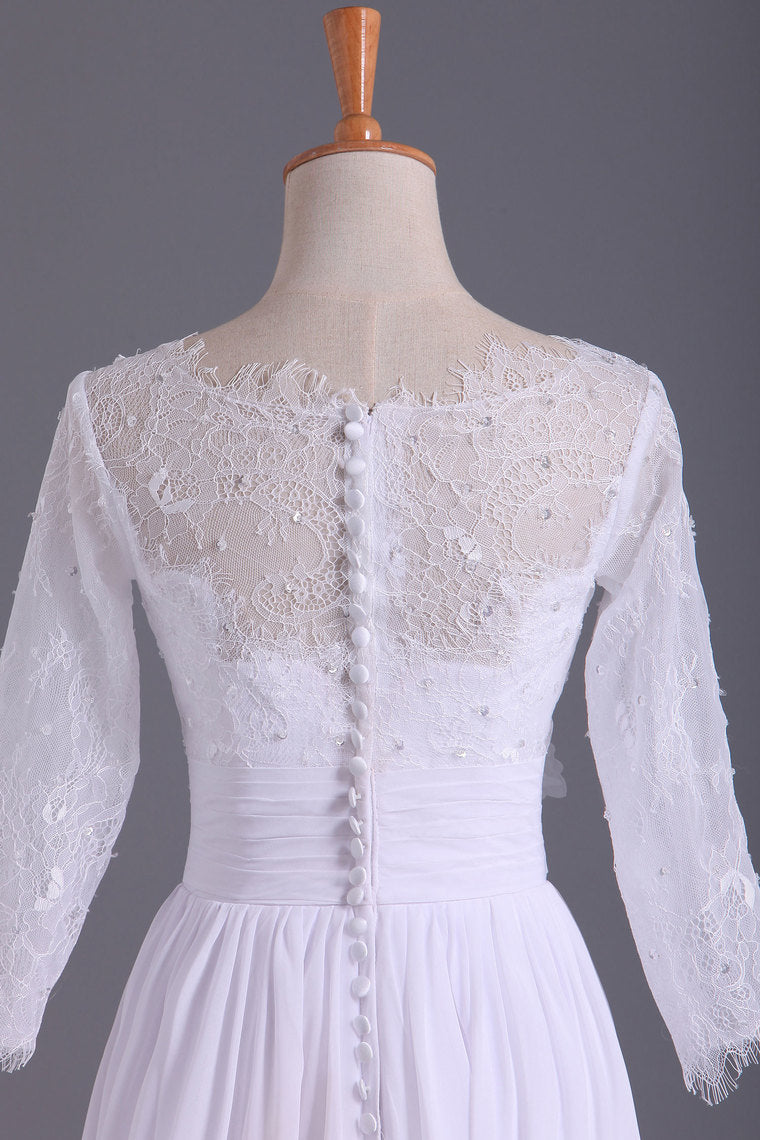 2022 Bateau 3/4 Length Sleeve A Line Wedding Dresses Chiffon With Applique & Handmade Flower