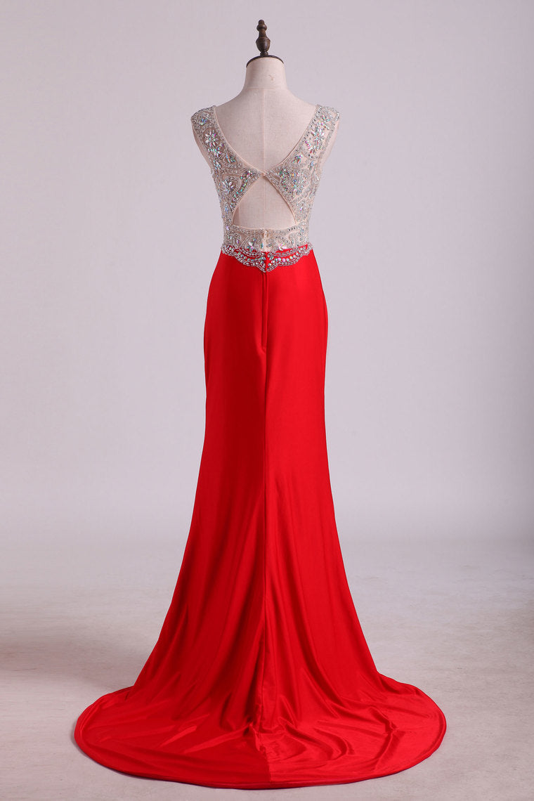 2022 V Neck Beaded Bodice Open Back Prom Dresses Column Spandex Sweep Train