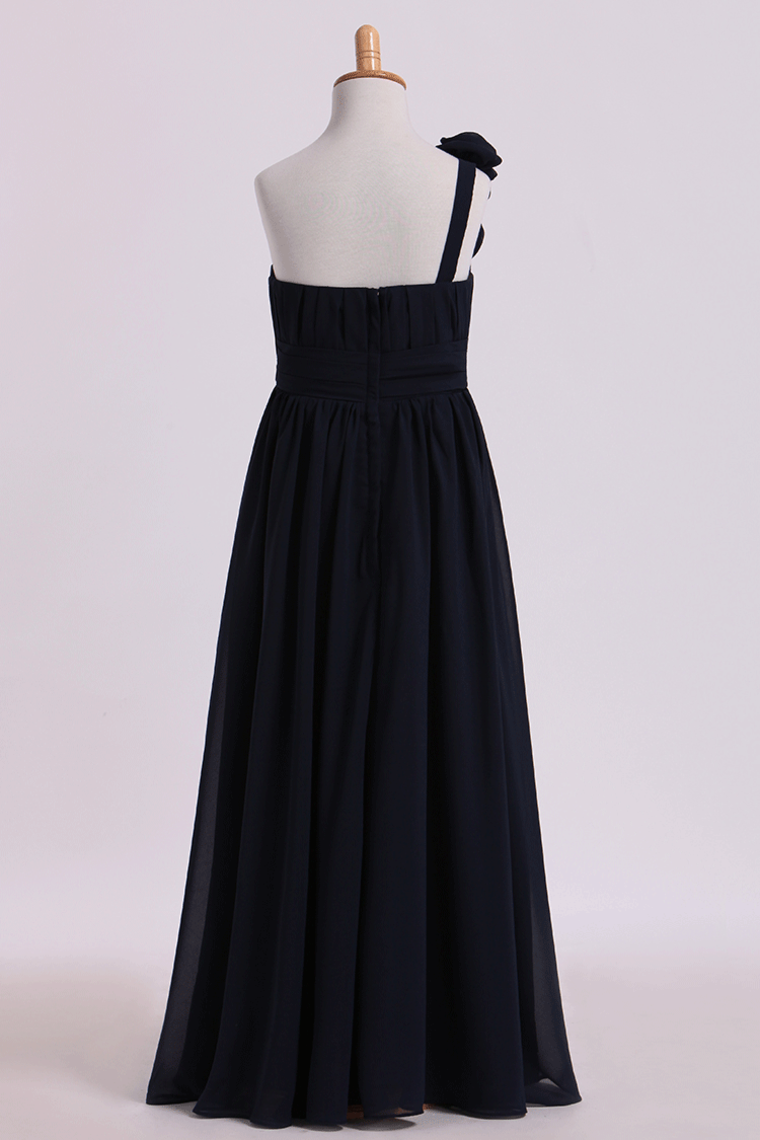 2022 Junior Bridesmaid Dresses One Shoulder A-Line Chiffon With Handmade Flower Floor Length