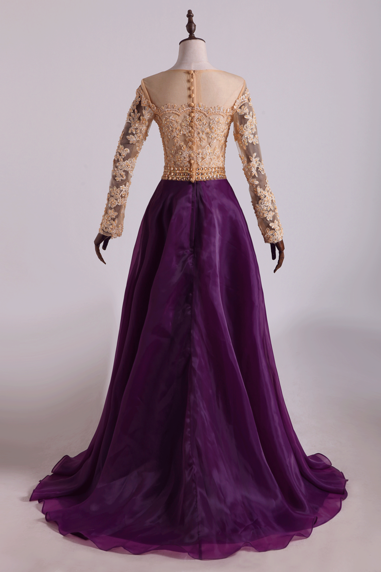 2022 Prom Dresses Scoop A Line With Applique And Beads Floor Length Long Sleeves