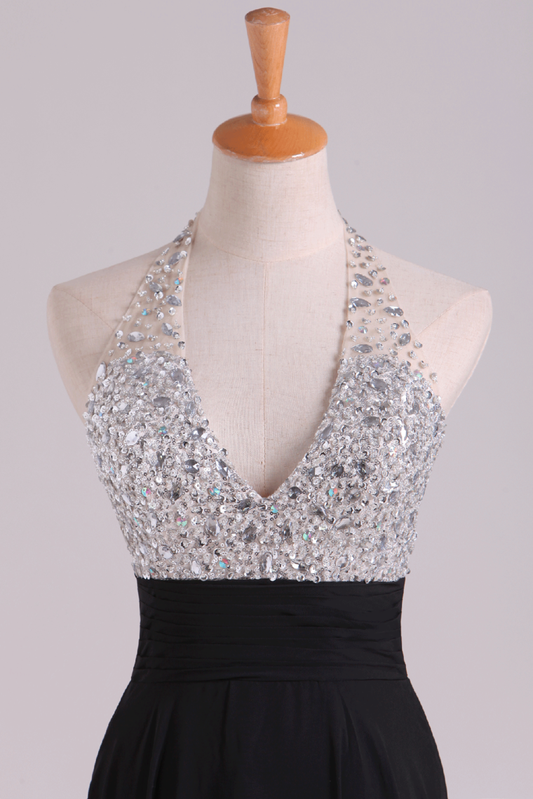 2022 Prom Dresses Halter Beaded Bust Pleated Waistband Chiffon Floor Length